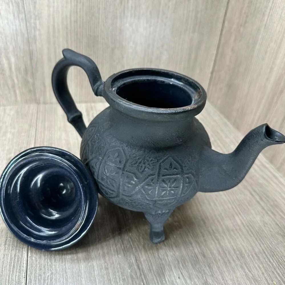 Vintage Ornate Cast Iron Moroccan Teapot w/ Lid Textured Matte Black